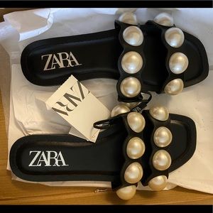 Zara leather slide sandals with pearls